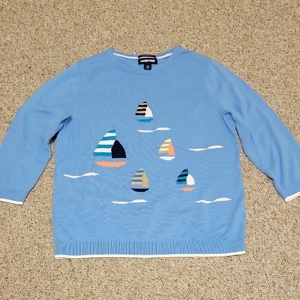 Land's End 3/4 Sleeve Blue Sweater Sailboat Design medium coastal grandma preppy